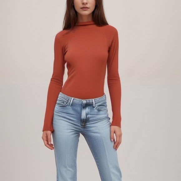 Free People Tops - Free People New Burnt Orange Fall Long Sleeve Turtle Neck Ribbed Bodysuit L
